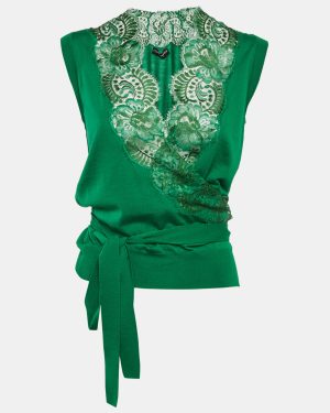Dolce & Gabbana Green Wool Knit Lace Trimmed Sleeveless Wrap Top M