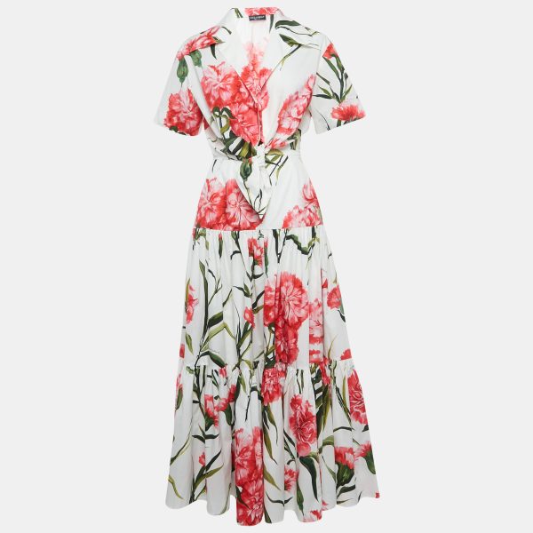 Dolce & Gabbana White Floral Printed Front Tie Cropped Shirt & Tiered Maxi Skirt M