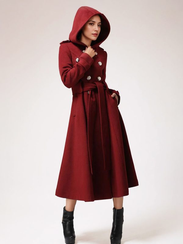 Double-breasted Woolen Coat With Hood Burgundy Belted Winter Long Outerwear For Women 2025