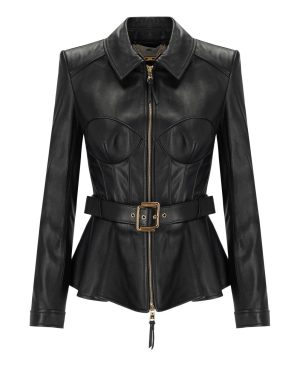 ELISABETTA FRANCHI BLACK LEATHER BELTED JACKET