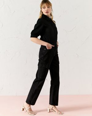 EVERBELLE Black Denim Cargo Trousers