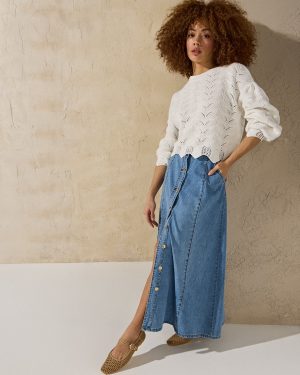 EVERBELLE Denim Button Through Maxi Skirt