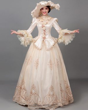 Ecru White Retro Tudor Dress Costumes Women's Floral Print Flowers Ruffles Polyester Marie Antoinette Costume Tunic Hat Dress Vintage Vintage Clothing