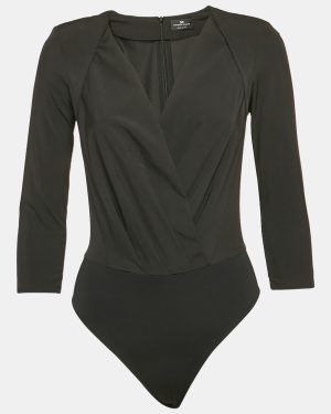 Elisabetta Franchi Black Crepe Plucking Neck Bodysuit S