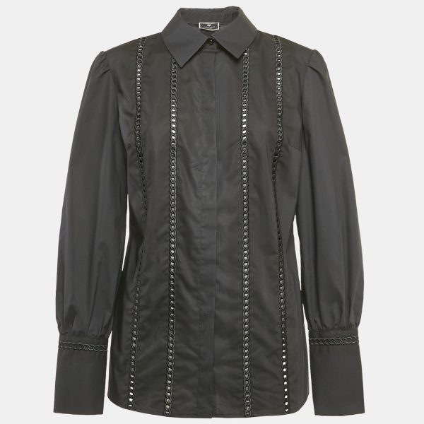 Elisabetta Franchi Black Embroidered Cotton Button Front Blouse M