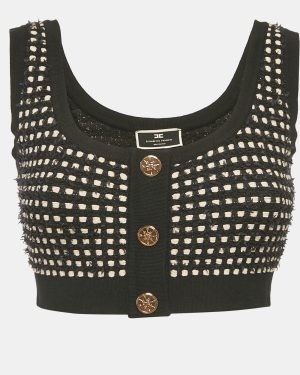 Elisabetta Franchi Black Stretch Tweed Crop Top S