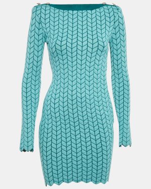 Elisabetta Franchi Blue Patterned Stretch Knit Scallop Hem Bodycon Dress S