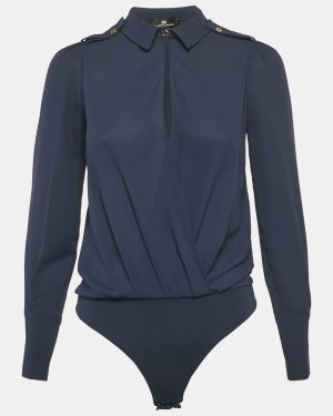 Elisabetta Franchi Navy Blue Chiffon Plunging Neck Bodysuit S