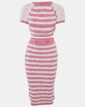 Elisabetta Franchi Pink Textured Stretch Knit Crop Top and Skirt Set M