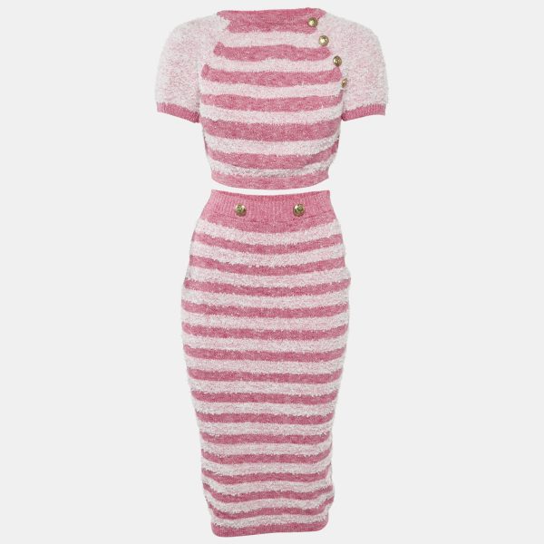 Elisabetta Franchi Pink Textured Stretch Knit Crop Top and Skirt Set M