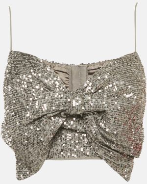 Elisabetta Franchi Silver Sequin Mesh Bow Detail Crop Top M