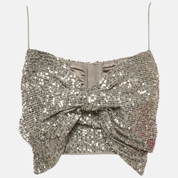 Elisabetta Franchi Silver Sequin Mesh Bow Detail Crop Top M
