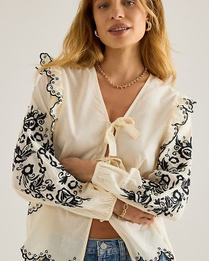 Elizabeth Gillett Long-Sleeve Tie-Front Embroidered Blouse