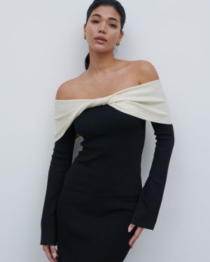 Ema Twist Bardot Knit Top - Black and Cream, L