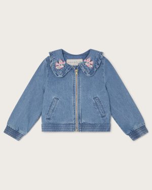 Embroidered Denim Bomber Jacket Blue