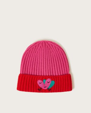 Embroidered Heart Colour Block Ribbed Beanie Red
