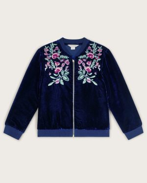Embroidered Velvet Bomber Jacket Blue