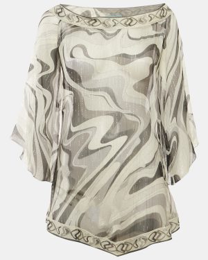 Emilio Pucci White/ Black Print Silk lurex Tunic Top S
