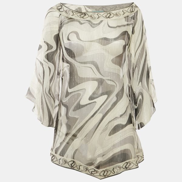 Emilio Pucci White/ Black Print Silk lurex Tunic Top S