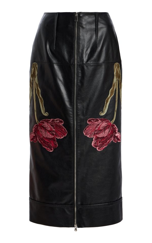 Erdem - Embroidered Leather Pencil Midi Skirt - Black - UK 4 - Only At Moda Operandi