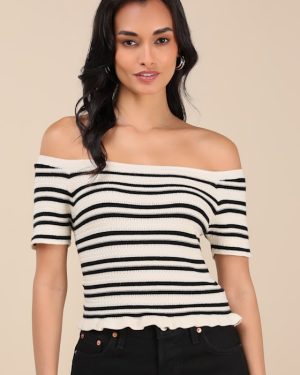Erela Cream and Black Striped Off-the-Shoulder Sweater Top