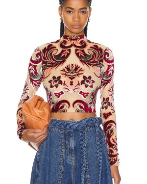 Etro Long Sleeve Crop Top in Multicolour On Yellow Base - Cream. Size 38 (also in 40, 42).