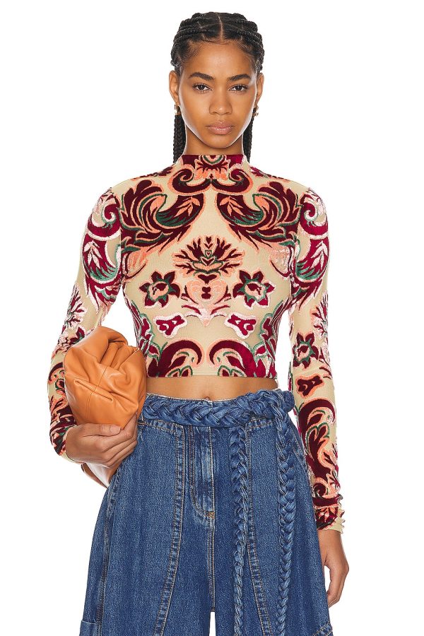 Etro Long Sleeve Crop Top in Multicolour On Yellow Base - Cream. Size 38 (also in 40, 42).