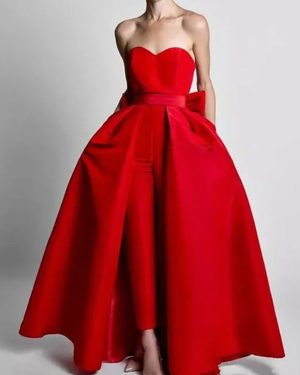 Evening Dress A-Line Strapless Sleeveless Zipper Bows Satin Fabric Red Social Party Dresses