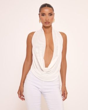 Extreme Cowl Halterneck Top In White Mesh, Women's Size UK 10