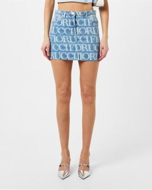 FIORUCCI Monogram-Pattern Brand-Patch -Denim Mini Skirt. - Blue