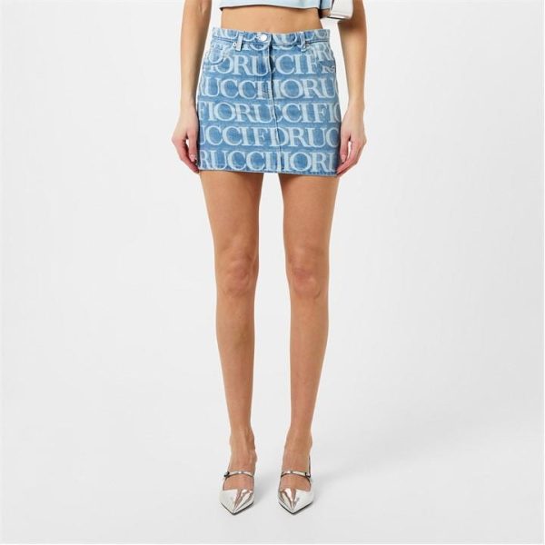 FIORUCCI Monogram-Pattern Brand-Patch -Denim Mini Skirt. - Blue