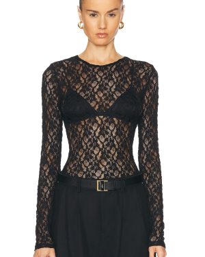 FRAME Mesh Lace Top in Black - Black. Size M (also in ).