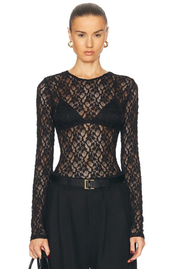 FRAME Mesh Lace Top in Black - Black. Size M (also in ).