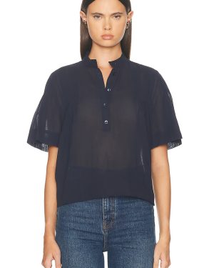 FRAME Pleated Button Up Blouse in Navy - Navy. Size XS (also in XXS).