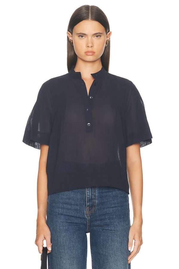 FRAME Pleated Button Up Blouse in Navy - Navy. Size XS (also in XXS).