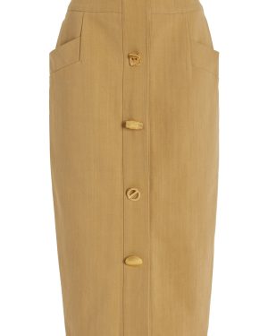 FRANOISE - Exclusive Bijou Buttoned Cotton Gabardine Midi Pencil Skirt - Khaki - FR 38 - Moda Operandi