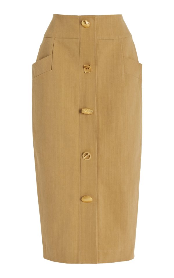 FRANOISE - Exclusive Bijou Buttoned Cotton Gabardine Midi Pencil Skirt - Khaki - FR 38 - Moda Operandi
