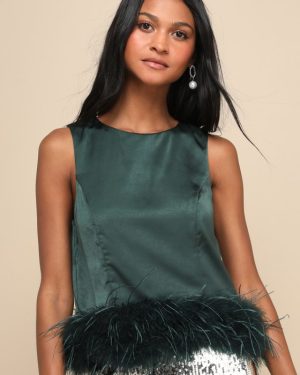 Fancy Fixation Emerald Green Satin Feather Tank Top