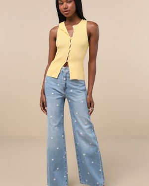 Far Out Light Wash Embroidered High-Rise Wide-Leg Jeans