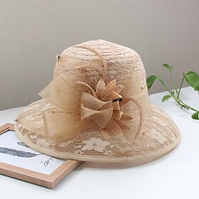 Fascinators Hats Headwear Organza Bucket Hat Straw Hat Sun Hat Wedding Casual Holiday Tea Party Beach Elegant Vintage With Feather Bows Headpiece Headwear