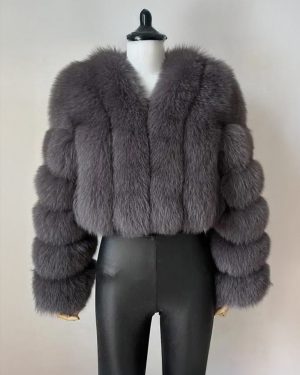 Faux Fur Coat V-Neck Long Sleeves Winter Eco-friendly Fur Crop Jacket For Women 2025
