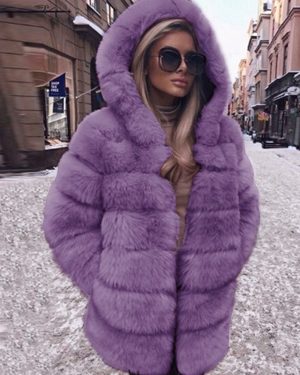 Faux Fur Coat With Hood Casual Winter Midi Jacket For Women 2025