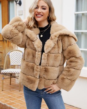 Faux Fur Coats Black No Waistline Long Sleeves Women Coat