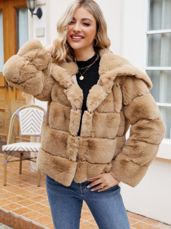 Faux Fur Coats Black No Waistline Long Sleeves Women Coat