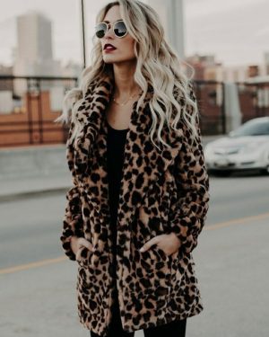 Faux Fur Coats Leopard Long Sleeves Leopard Print Oversized Winter Coat