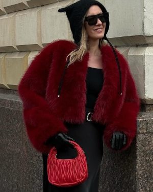 Faux Fur Coats Red Raised Waist Long Sleeves Women Coat