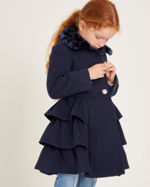 Faux Fur Collar Peplum Coat Blue
