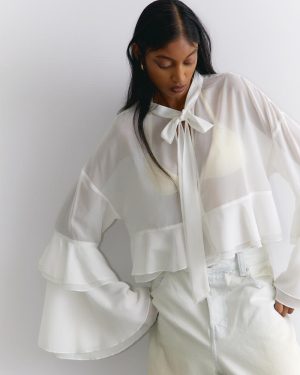 Flared Frill-Sleeved Tie-Neck Blouse