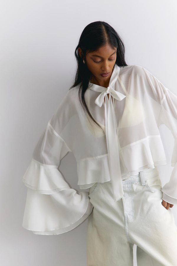 Flared Frill-Sleeved Tie-Neck Blouse
