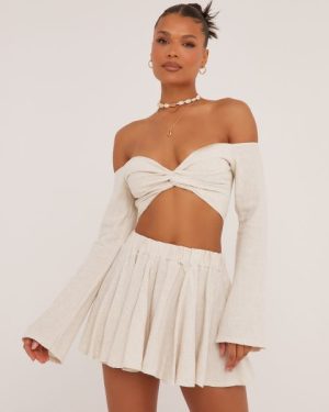 Flared Sleeve Bardot Knot Front Crop Top In Stone Linen, Women's Size UK 4